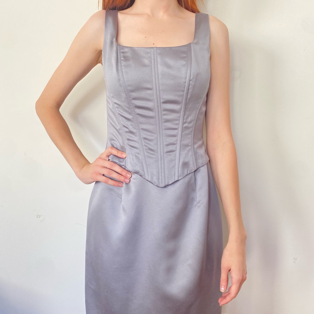 Scott McClintock Silver corseted bridesmaid evening gown